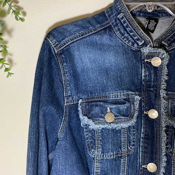 😎Y2K KIKIT JEANS Blue Jeans Jacket Pockets Fitted Raw Edge Frayed Moto Size XL - Picture 4 of 13